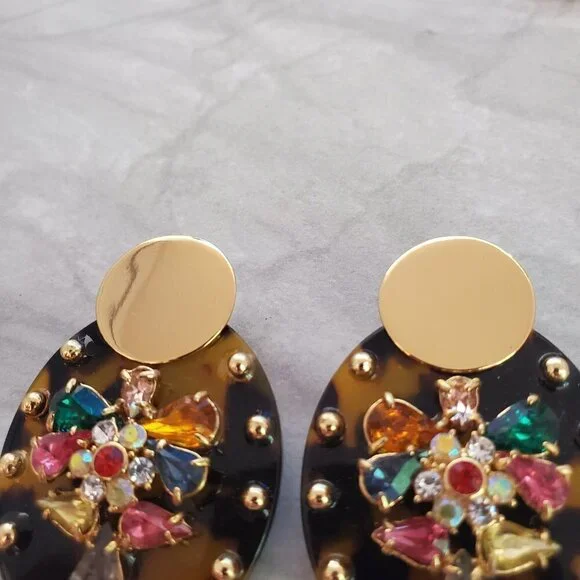✨ J.Crew Tortoise Shell Rhinesontes Crystsals Cluster Statement Earrings ✨ - Picture 6 of 13
